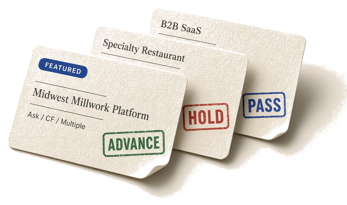 Photographic stack of screened deal cards — Midwest Millwork ADVANCE, Specialty Restaurant HOLD, Niche B2B PASS